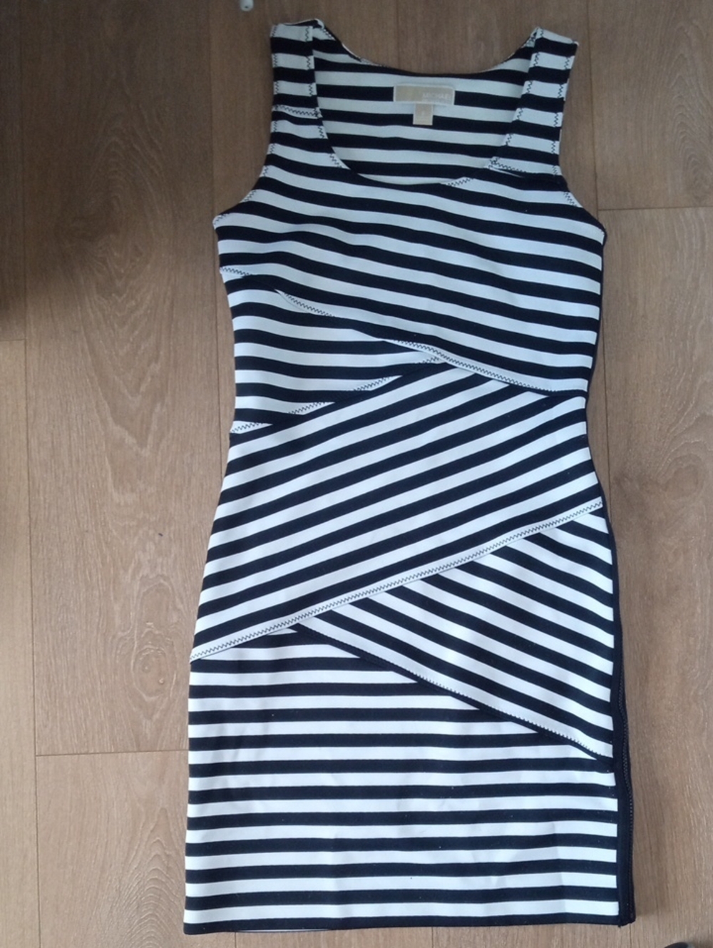 Michael Kors Black and White Striped Sleeveless Mini Dress